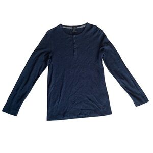 Boss Hugo Boss Men’s Shirt Trix Slim Fit Navy Blue Long Sleeve Henley Shirt, XL